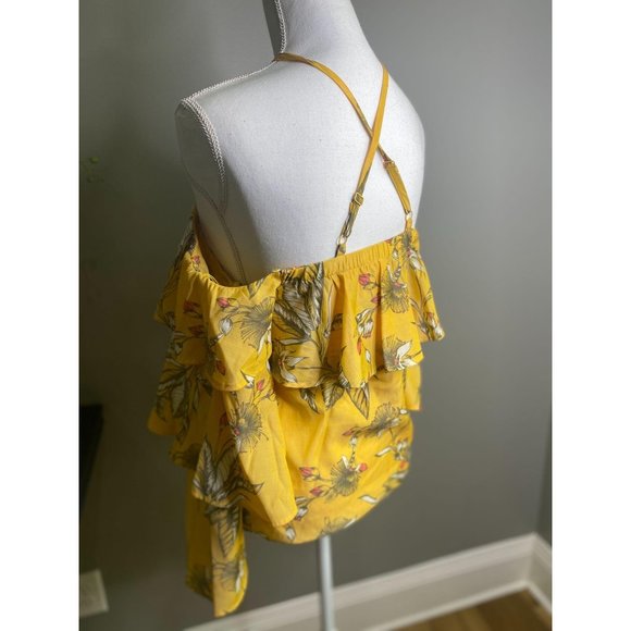 Express Yellow Floral Ruffle Cold Shoulder Top XS - Picture 6 of 8